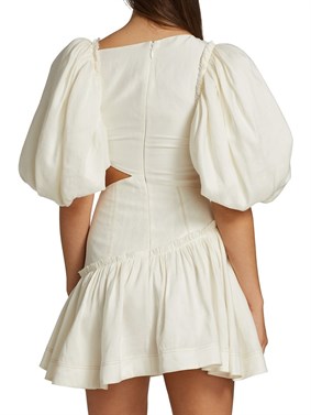 Beyaz Bel Detaylı Balon Kollu Tasarım Elbise