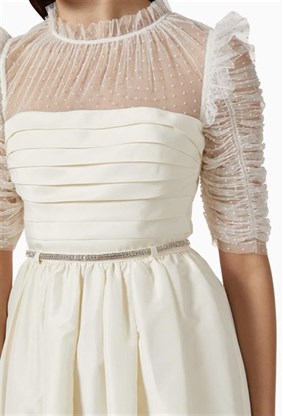 Beyaz Taşlı Kemerli Tasarım Tül Elbise