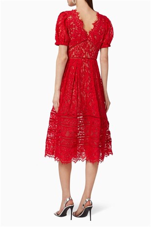 Kırmızı V Yaka Dantel Tasarım Elbise