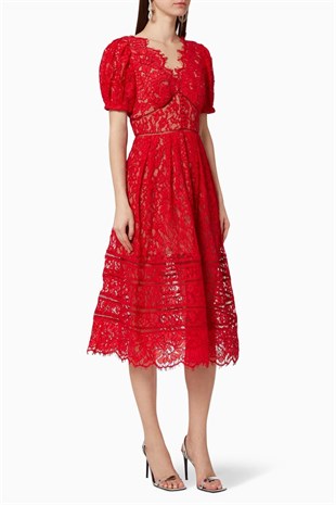 Kırmızı V Yaka Dantel Tasarım Elbise