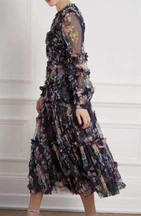 Siyah Çiçek Desenli Fırfırlı Midi Tasarım Elbise