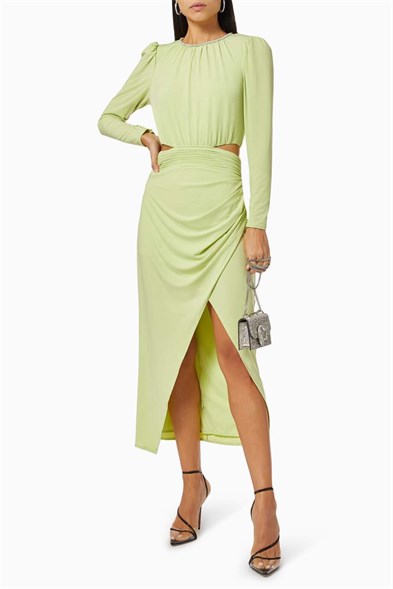 Yeşil Bel Detaylı Yırtmaçlı Elbise